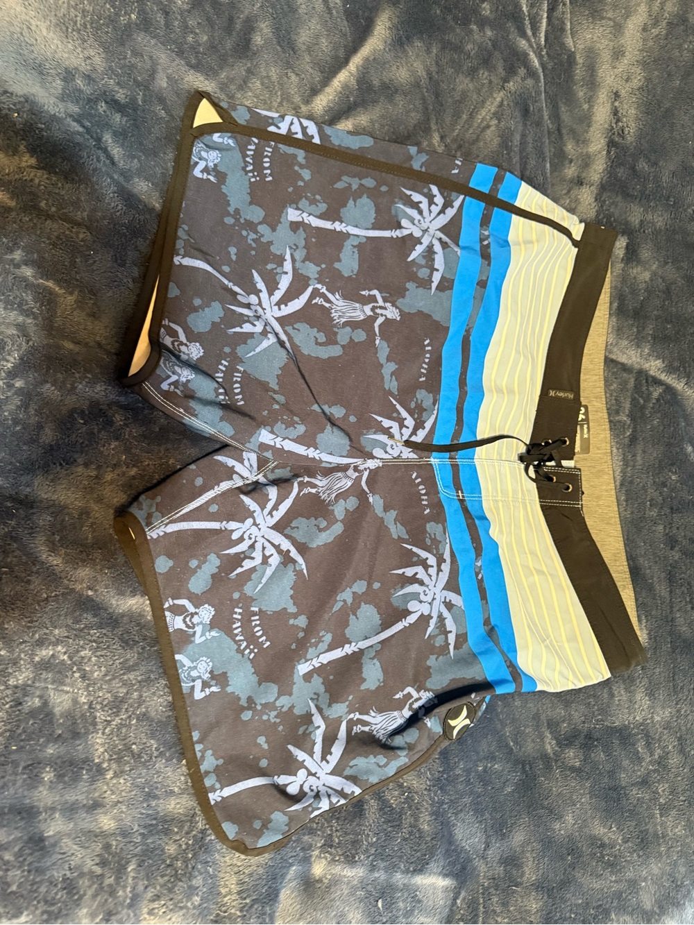 Hurley Navy Palm-Print Athletic Shorts with Blue & Yellow Stripe Waistband